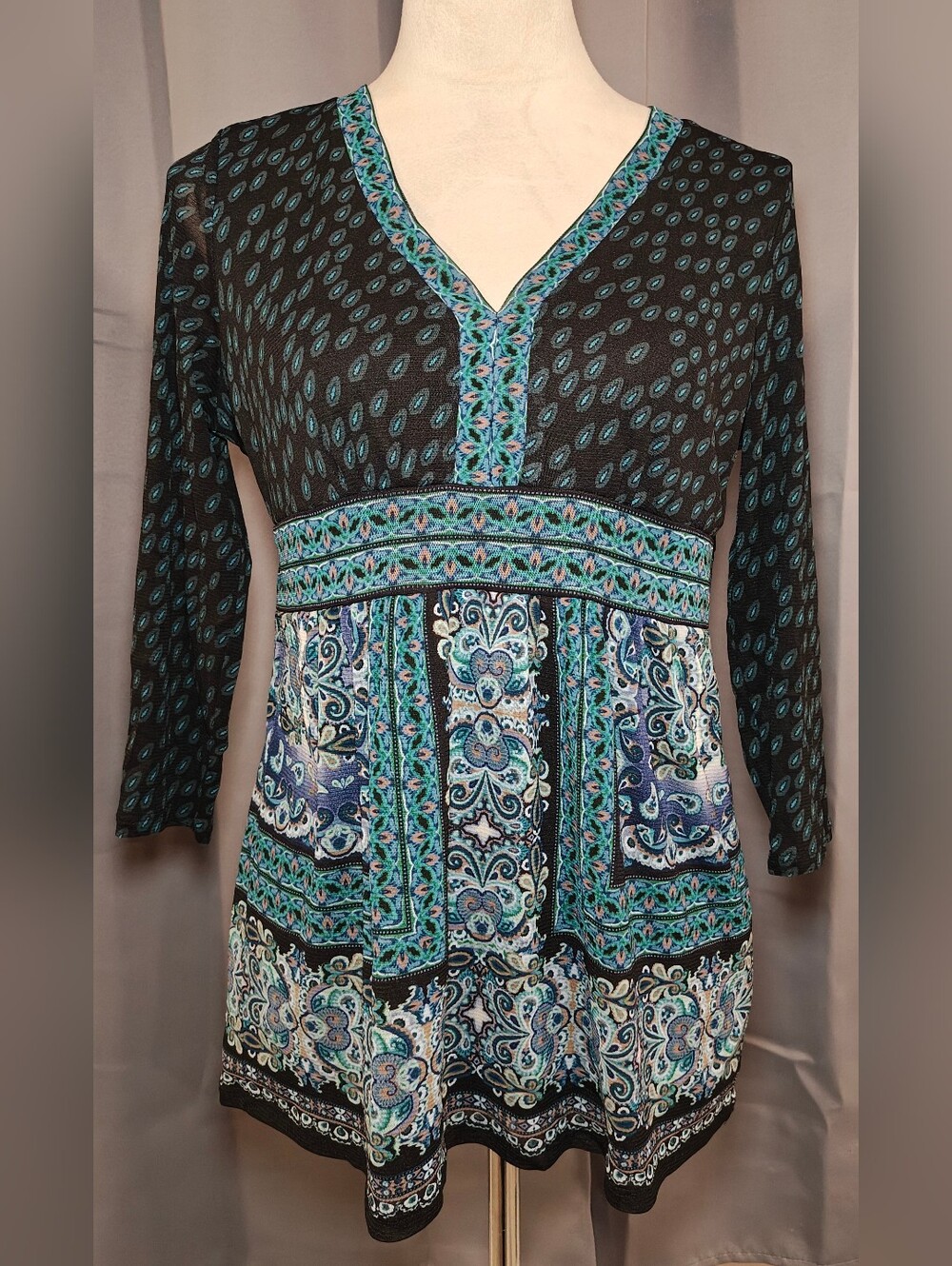 Y2K Axcess V Neck, Sheer Sleeve Bohemian Babydoll Top.